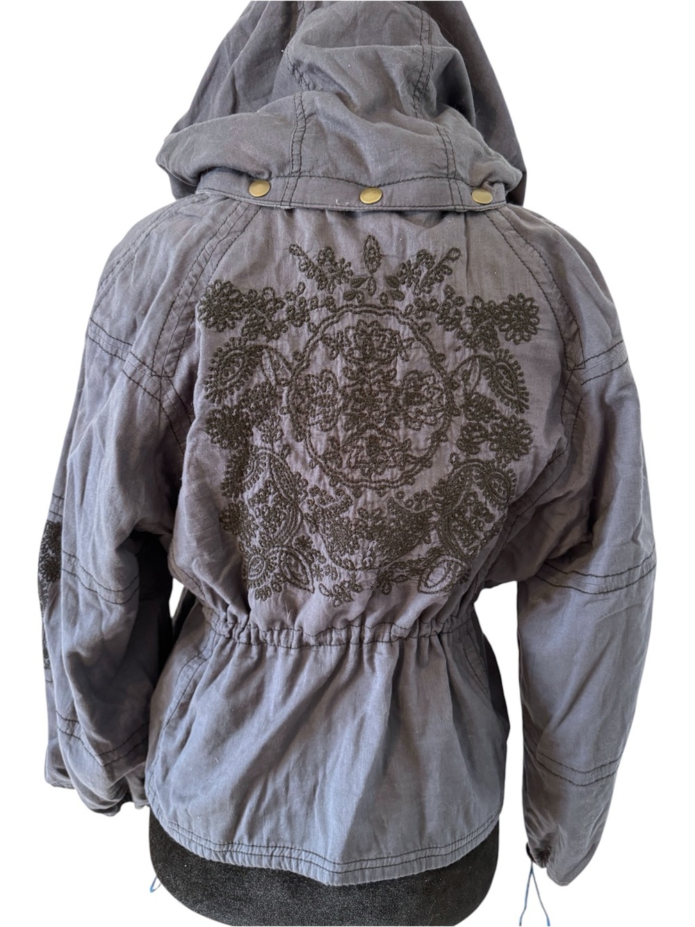 Free People Embroidered Utility Jacket Detachable Hood Gray Blue